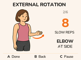 External rotation: a woman in a pink tank top demonstrates the movement. Eight slow reps, elbow at side. A Done, B Back, C Pause.